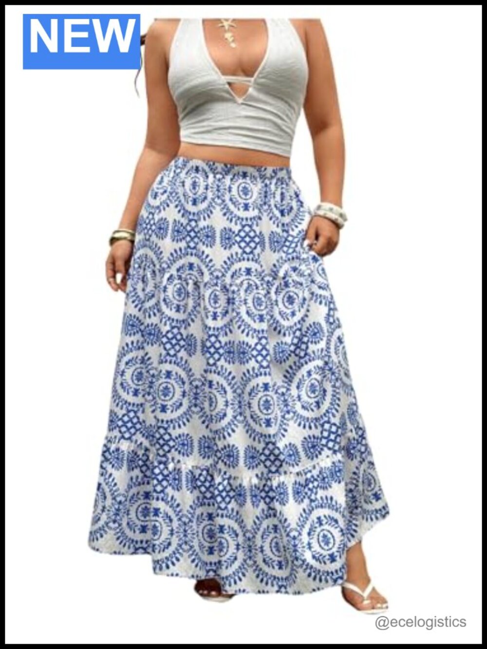 Plus Size Tiered Ruffle Maxi Skirt Elastic Waist Vacation A-Line